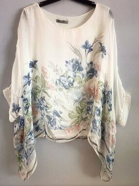 Elena Baldi White Floral Chiffon Tunic Top with Blue & Green Print